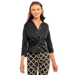 NEW Gretchen Scott Twist & Shout Top LARGE 12 Black 3/4 Sleeve Button Front